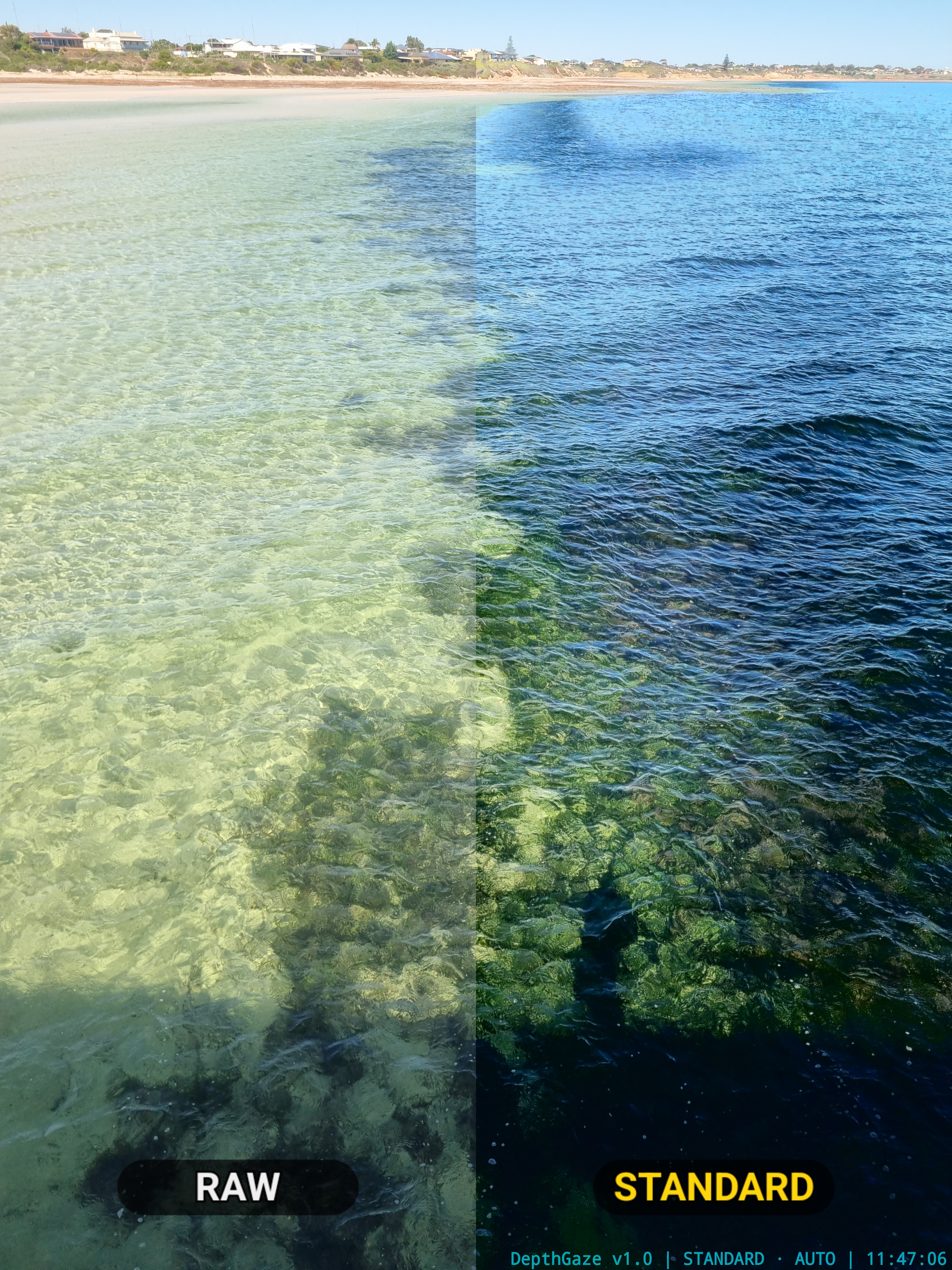 DepthGaze Standard mode — Split View comparison: phone camera left, DepthGaze processing right
